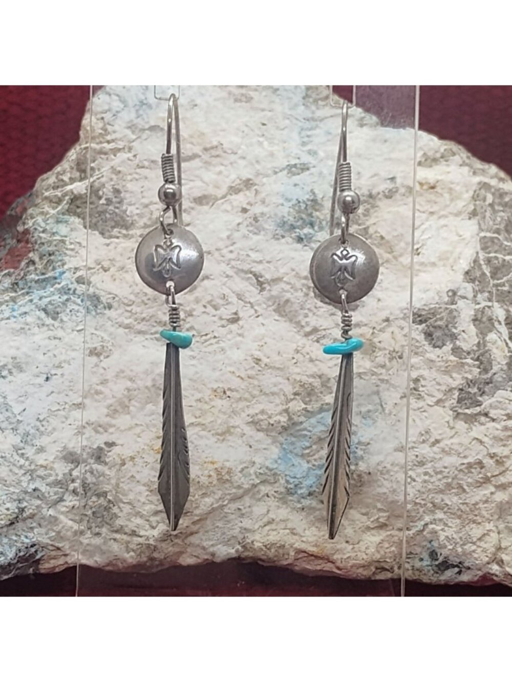 Vtg Native Navajo Sterling Silver Butterfly Feather Turquoise Dangle Earrings
